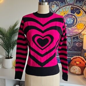 Jawbreaker Lazy Hearts Stripe Sweater Hot Pink & Black Striped Long Sleeve Top